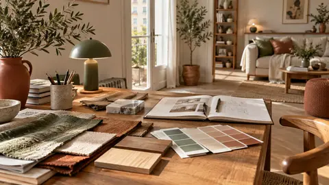 Échantillons de matières et de couleurs préparés sur une table de travail