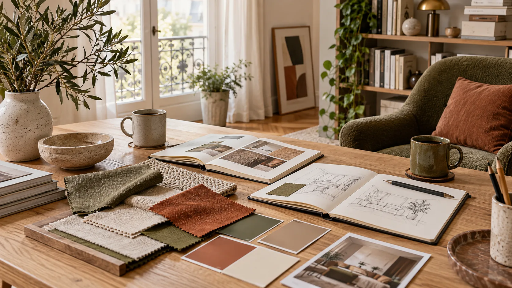 Carnets et échantillons de décoration sur une table de rédaction