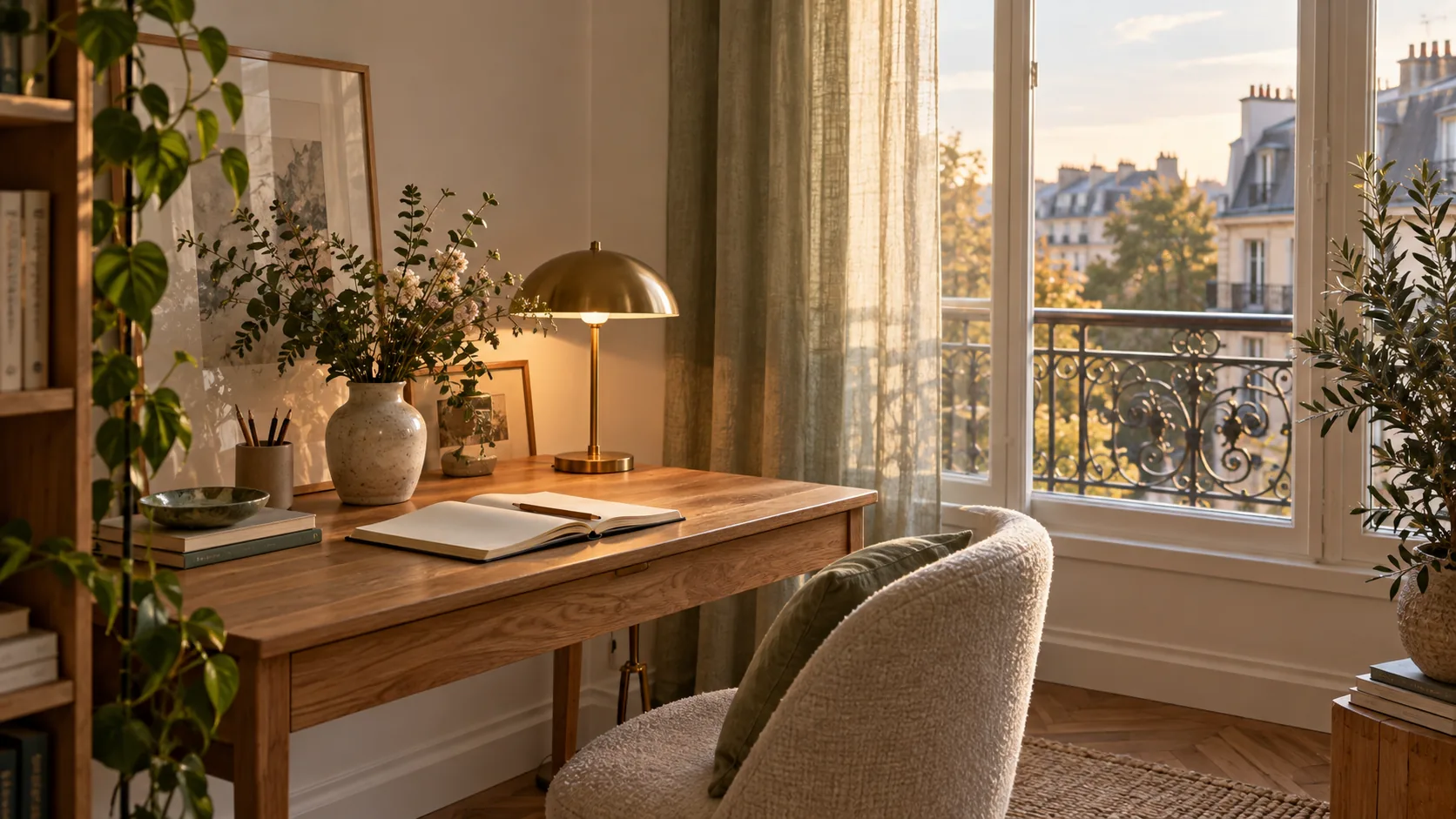 Espace de travail près d’une fenêtre, avec carnet et échantillons de décoration