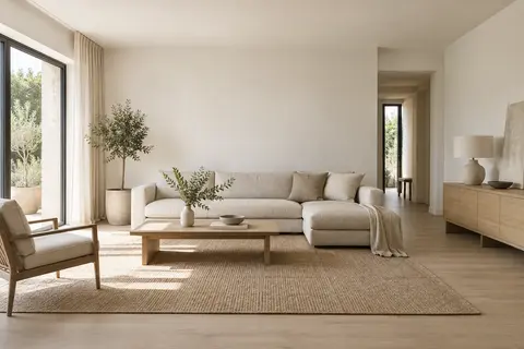 Salon clair avec canapé bas, table en bois rectiligne, peu d’objets et passage dégagé vers une autre pièce