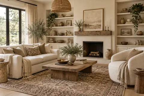 Salon dans les tons crème et sable avec tapis à motifs, grande suspension tressée, étagères garnies et plusieurs textiles