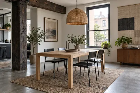 Salle à manger avec poutre sombre et sol gris brut, table en bois clair, chaises métalliques noires et suspension tressée