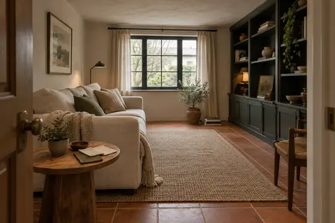Petit salon vu depuis la porte avec carrelage terre cuite, bibliothèque foncée fixe, canapé clair, tapis et échantillons de tissu