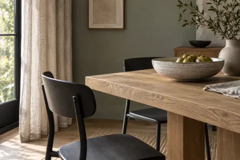 Coin repas montrant une table à veinure bois, une chaise noire, un rideau tissé clair et un bol mat