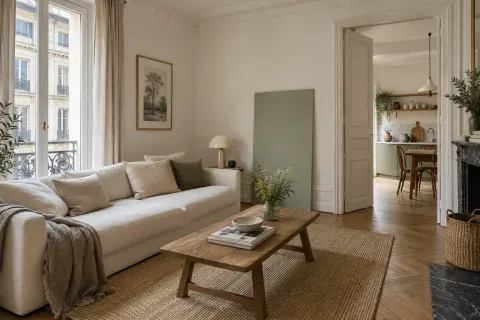Petit salon avec long canapé, passage latéral dégagé et échantillon coloré présenté près du mur