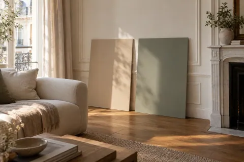 Deux échantillons de couleur présentés sur un support mobile près d’un canapé et d’un rideau