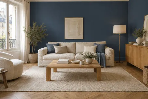 Même salon avec murs bleu encre désaturé, canapé écru, parquet clair et table en bois