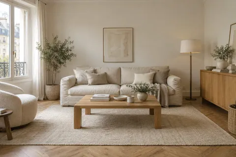 Salon lumineux aux murs sable, canapé écru et parquet clair, point de comparaison des quatre palettes