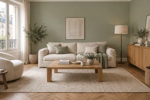 Même salon avec murs vert sauge sourd, canapé écru, parquet clair et table en bois