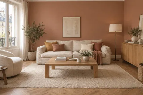Même salon avec murs terre cuite argile, canapé écru, parquet clair et table en bois