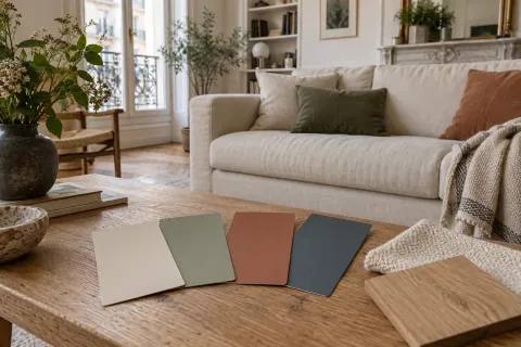 Salon avec canapé écru, parquet miel et échantillons de couleur posés à côté du mobilier conservé