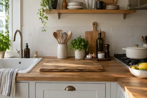 Zone de préparation dégagée entre l’évier et la plaque sur un plan de travail de cuisine