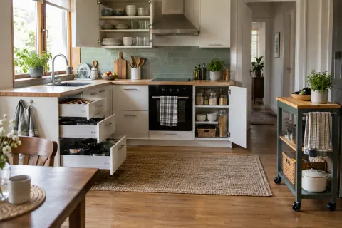 Rangements ouverts et desserte mobile dans une cuisine, à proximité du plan de travail
