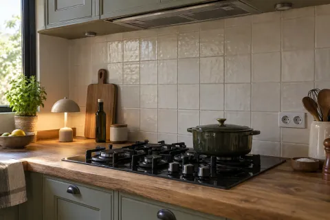 Crédence claire au-dessus d'une plaque de cuisson, avec lumière naturelle et petite lampe posée à l'écart