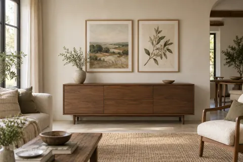 Salon avec buffet bas en bois et deux cadres alignés au-dessus, entre une fenêtre et une ouverture