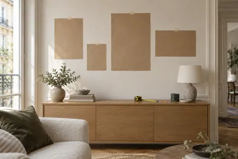Quatre gabarits de cadres en papier kraft fixés provisoirement au mur au-dessus d’un buffet bas