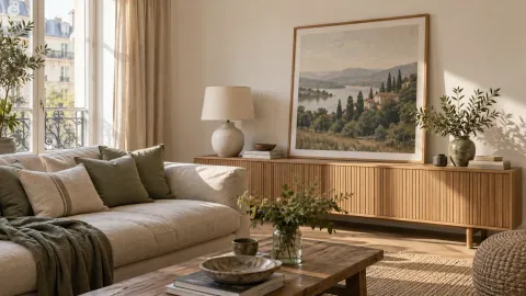 Cadre posé sur une console contre un mur clair, avec canapé en retrait dans un séjour loué