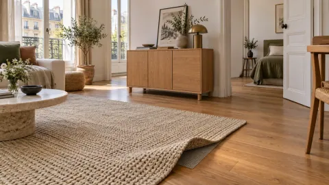 Tapis relevé en partie devant un meuble bas autoportant, porte et passage laissés libres dans un appartement