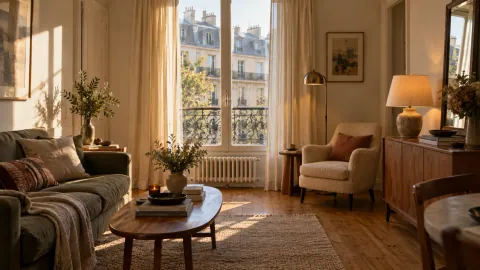 Séjour loué avec rideau léger devant une fenêtre, lampadaire près d’un fauteuil et lampe posée sur un buffet