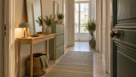 Entrée de location avec console de rangement indépendante, panier, lampe et tapis sur le sol
