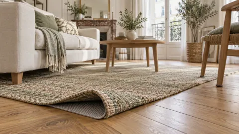 Tapis clair dont un coin relevé révèle le parquet et la sous-couche de protection