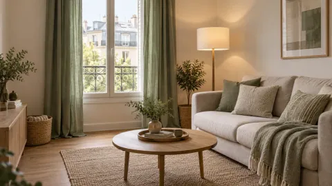 Séjour de location avec rideaux clairs sur une tringle existante, textiles et lampadaire posé au sol