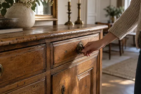 Main ouvrant le tiroir d’un meuble marqué par une patine d’usage dans un intérieur