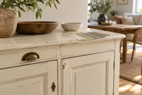 Buffet ancien peint en blanc, avec des éclats visibles près d’un tiroir et des échantillons de couleur posés sur le plateau
