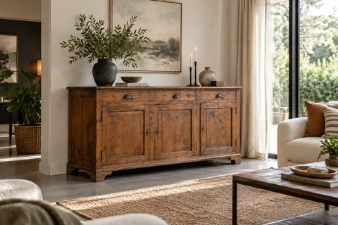 Buffet ancien aux marques d'usage visibles dans un salon contemporain