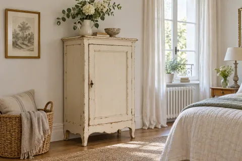 Petite armoire ancienne peinte en crème avec quelques marques sur les arêtes
