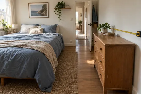 Chambre avec un meuble près du lit et un mètre ruban visible au sol