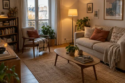 Salon de jour avec une lampe placée près du canapé, dans la zone de lecture