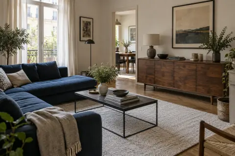 Salon contemporain avec buffet en noyer conservé, canapé bleu et tapis clair