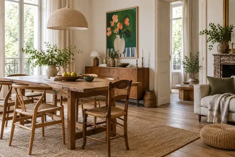 Intérieur aménagé où bois, textile et couleur de fond se répondent