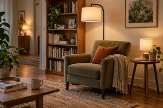 Salon habité mêlant bois clair, matières naturelles et accents vintage