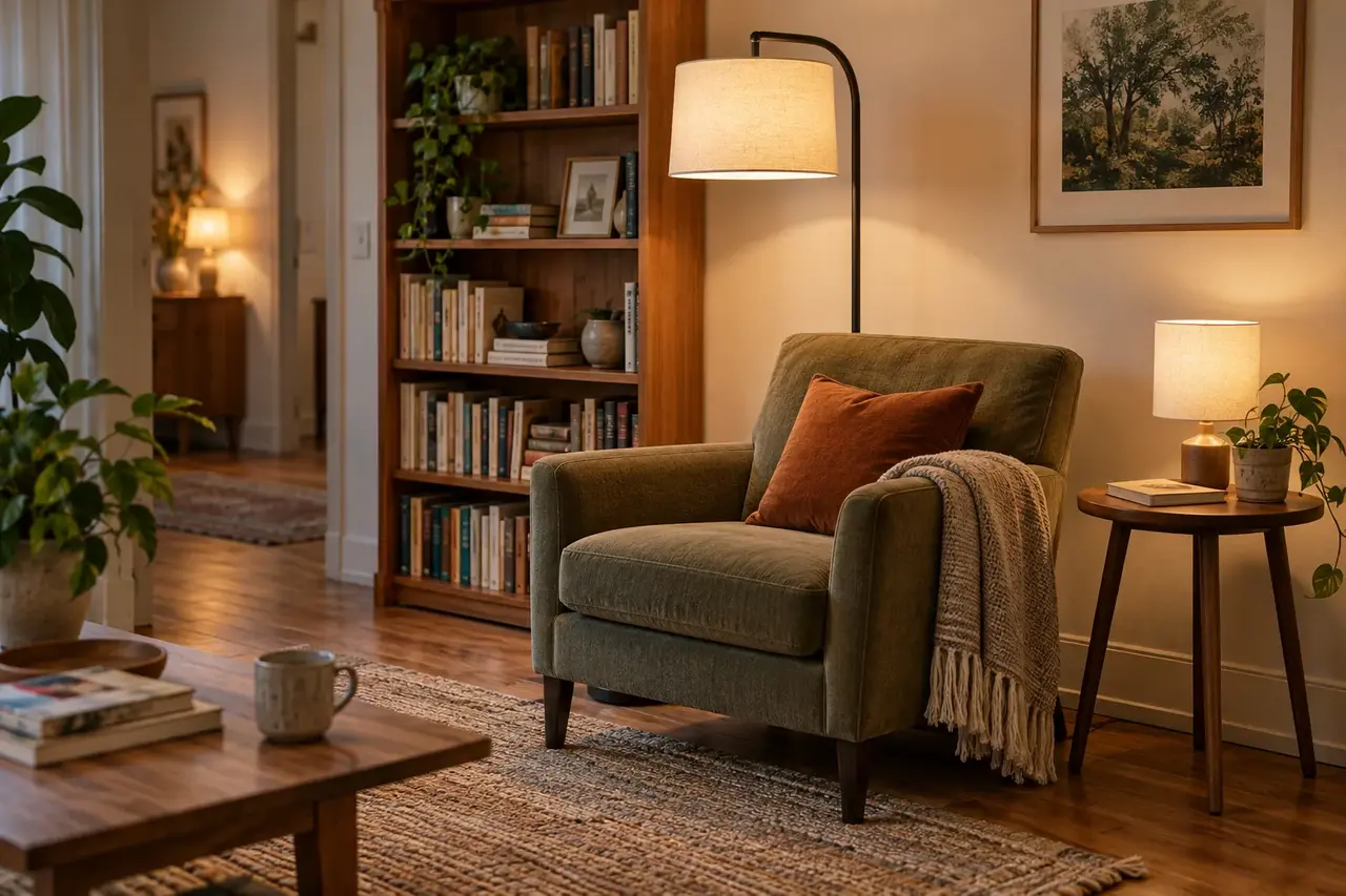 Salon habité mêlant bois clair, matières naturelles et accents vintage
