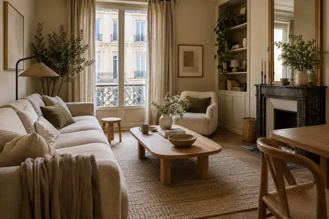 Salon japandi avec mobilier bas en bois, matières naturelles et rangement fermé