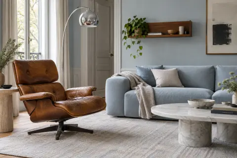 Fauteuil vintage en cuir brun associé à un canapé contemporain bleu clair et une étagère en noyer