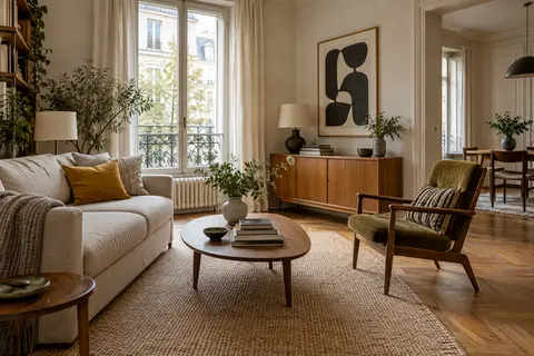 Salon contemporain avec fauteuil vintage et rappels de bois