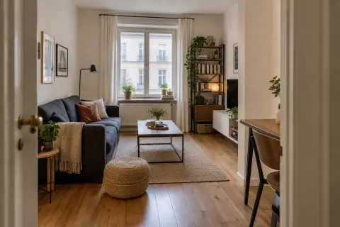 Salon d’appartement avec parquet existant, canapé foncé et passage libre