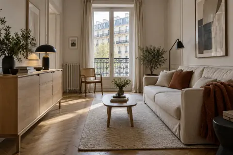 Salon scandinave avec bois clair, textiles doux et circulation dégagée