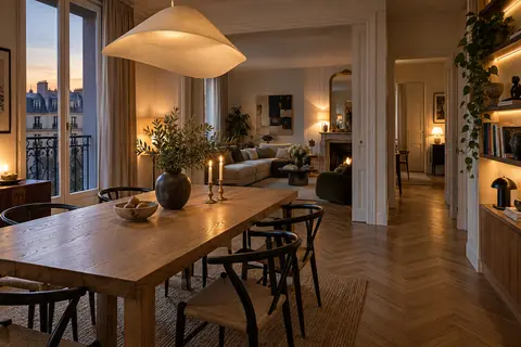 Salle à manger contemporaine avec lumière chaude et circulation dégagée