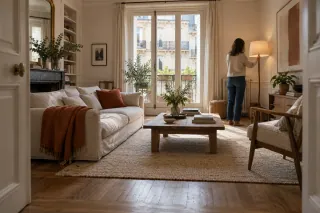 Salon contemporain habité avec canapé clair et lumière naturelle