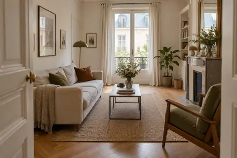 Petit salon avec canapé droit, table fine et zone de passage visible