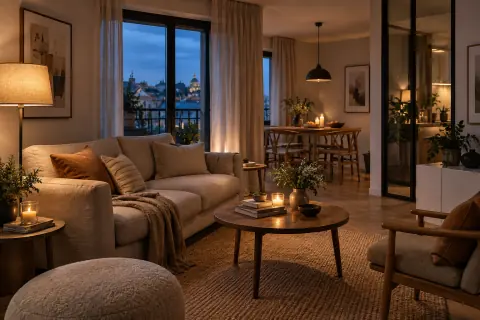 Salon au crépuscule éclairé par une lampe de lecture et un point lumineux côté table