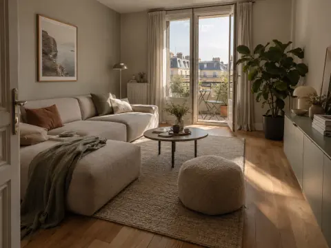 Salon contemporain avec rangement bas, plante et passage vers le balcon