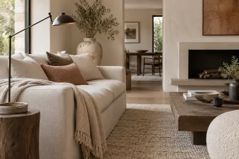 Canapé de lin clair, tapis laineux, bois et lampe en métal sombre