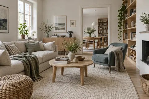 Chambre scandinave aux textiles blancs, bois clair et accents terracotta et bleu-gris