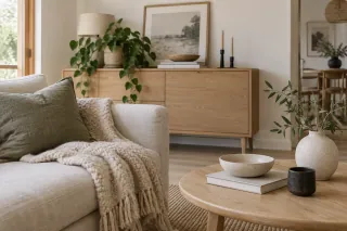 Salon lumineux aux lignes scandinaves avec bois clair, textiles chaleureux et touches bleu-vert