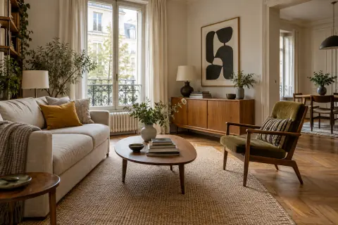 Séjour scandinave avec canapé écru, mobilier en bois clair, fauteuil olive et passage libre vers la fenêtre